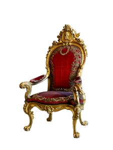 Ornate red and gold throne with paw feet