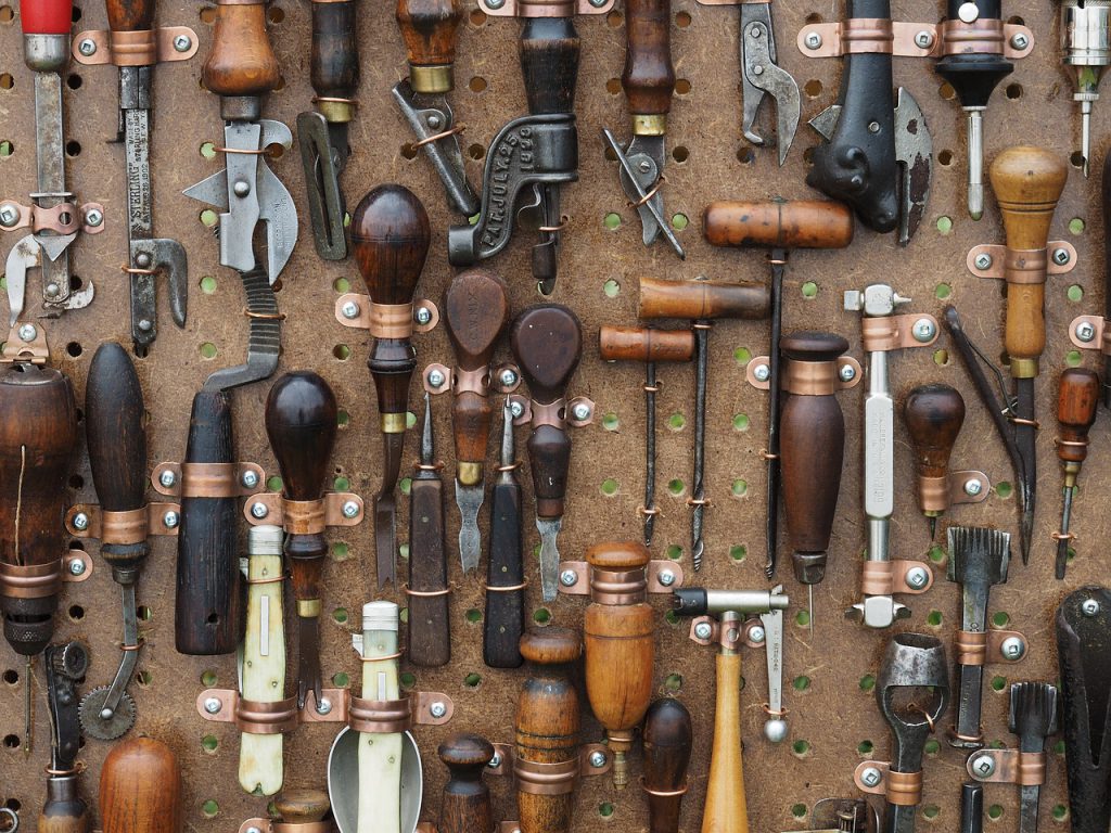 Woodworking tools hanging on a wall